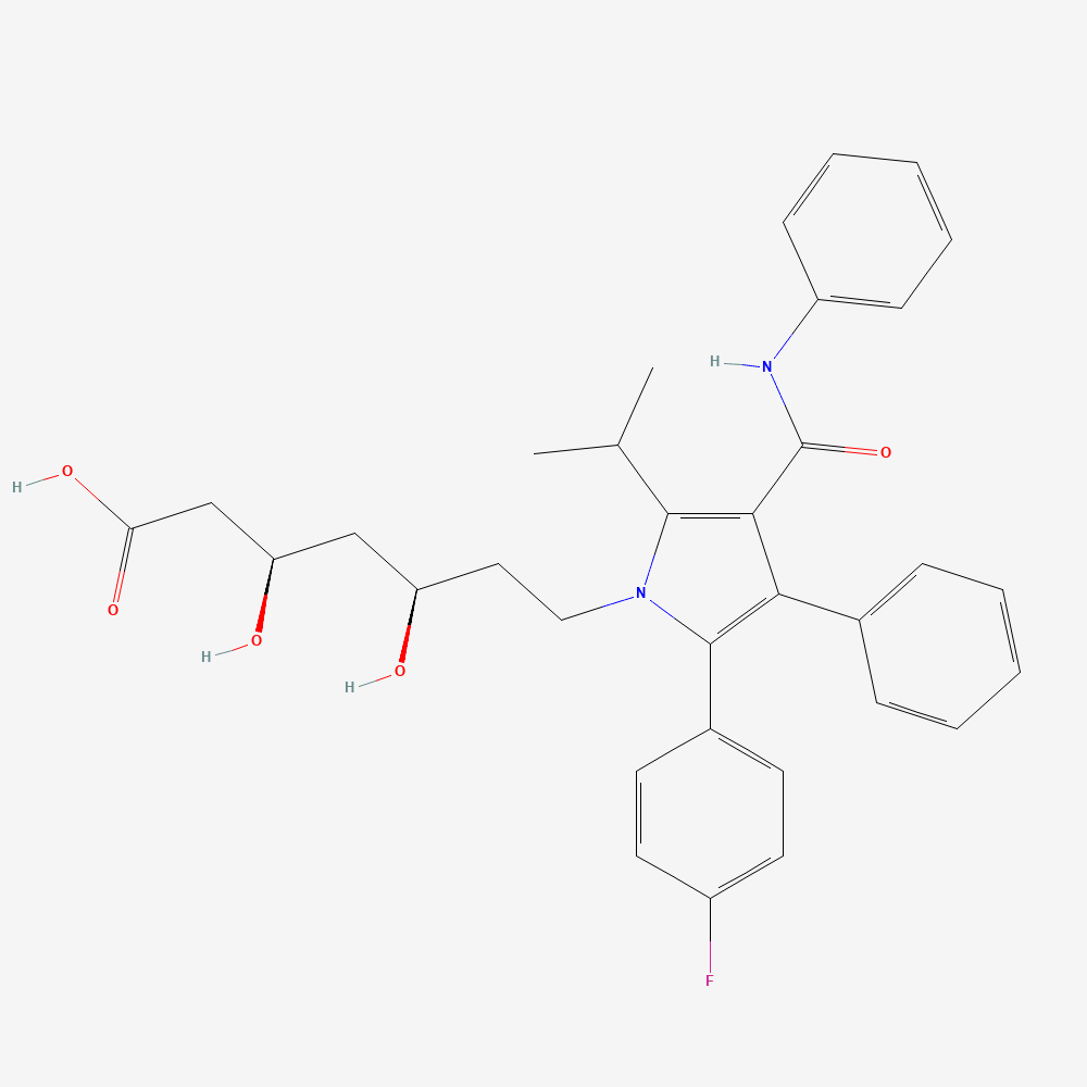 Atorvastatin: Atorvastatin free acid; the calcium counterion and waters of hydration are omitted.