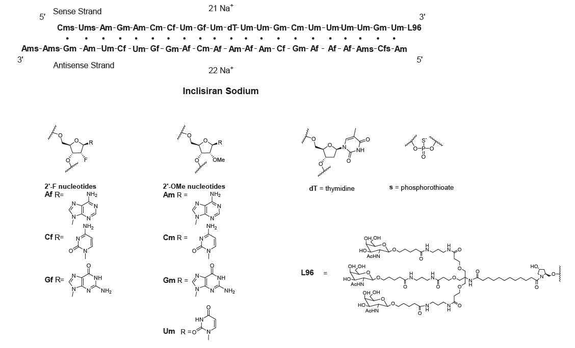 Inclisiran: Inclisiran sodium; label diagram shows sequence, modifications, ligand, and sodium counterions.